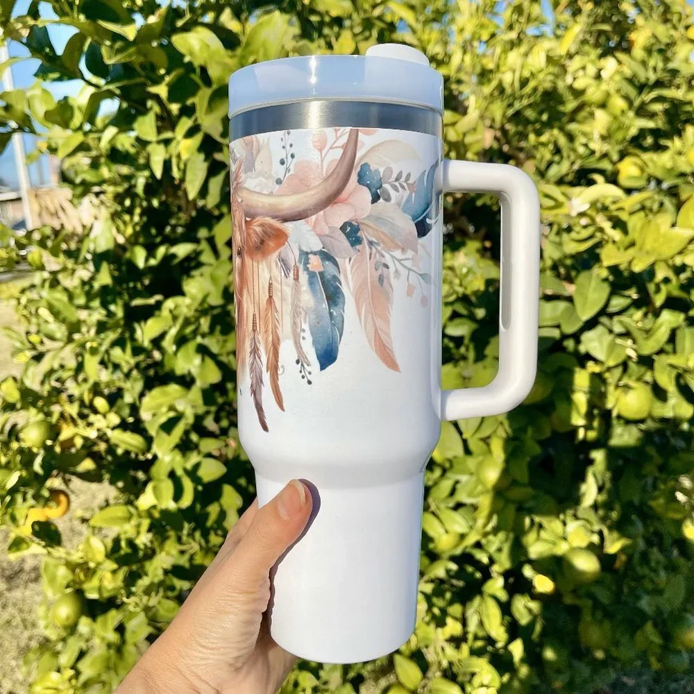 Birthday gift Floral Highland Cow 40 oz Personalized Tumbler. BRAND NEW Double